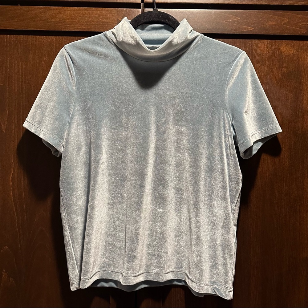 Madewell Velour Baby Blue Mock Turtle Neck Short Sleeve Top Size S